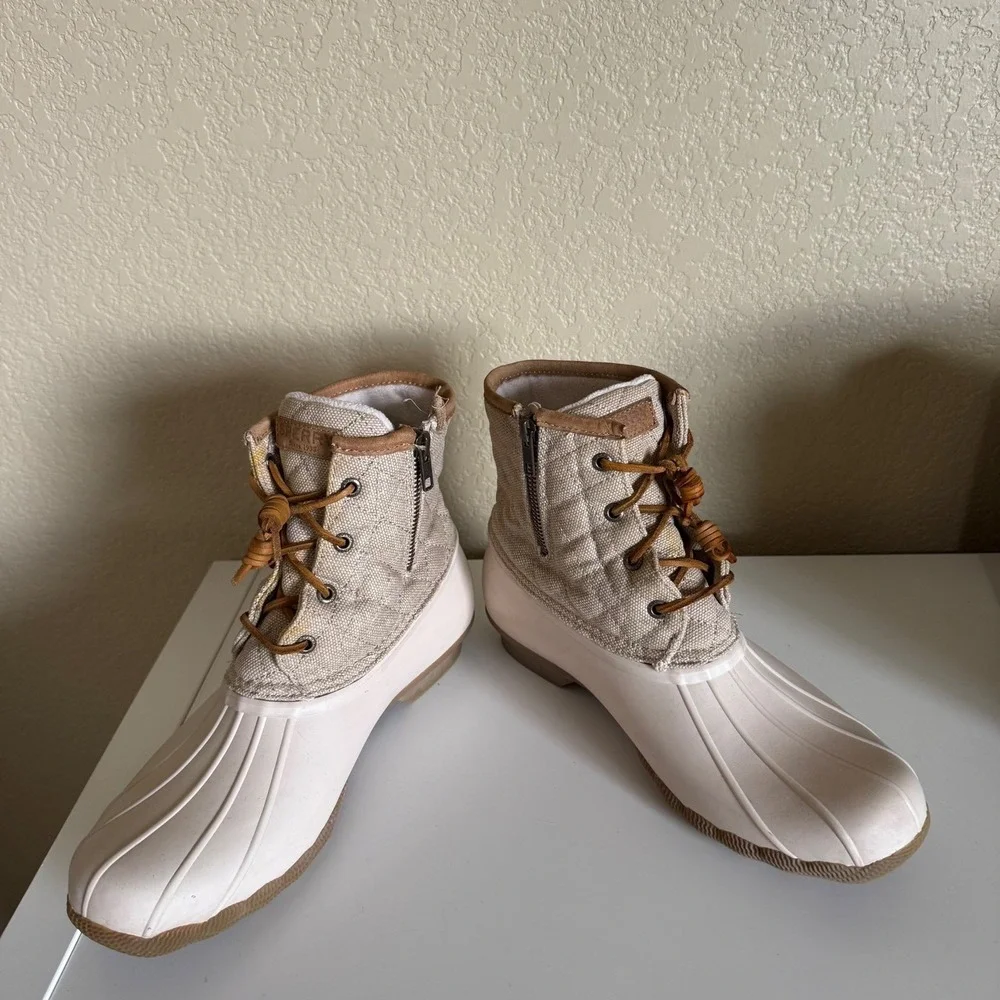 Sperry Saltwater Quilted Canvas Duck Boots‎ Ivory Beige STS99071 Womens 11 M